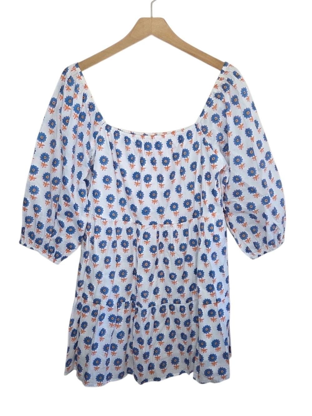 Victoria Dunn Cotton Babydoll Block Print Dress Size XS Blue Orange White Boho